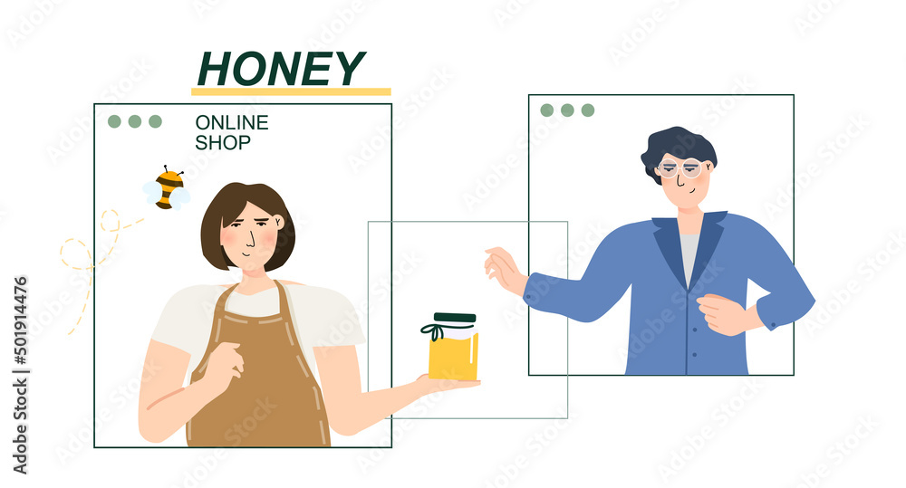 Honey shop vector illustration concept. Beekeeper giving Jar with honey to a customer. Small local business online. Template for website banner, advertising campaign Honey shop vector illustration concept. Beekeeper giving Jar with honey to a customer. Small local business online. Template for website banner, advertising campaign