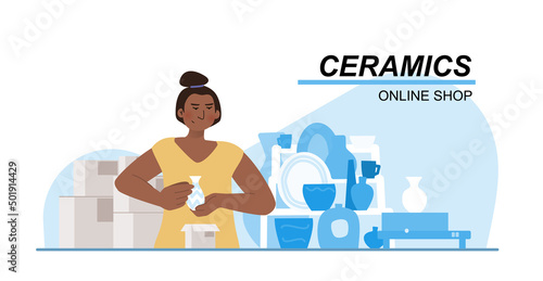 Pottery shop vector illustration concept. Female florist with new pots, vases, plates and mugs for sale. Small local business online. Template for website banner, advertising campaign