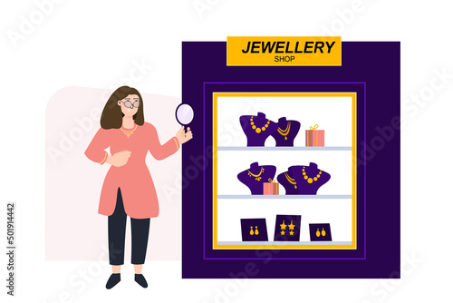 Jewelry shop vector illustration concept. Store owner next to open shop handmade earrings and necklaces. Small local business. Template for website banner, advertising campaign