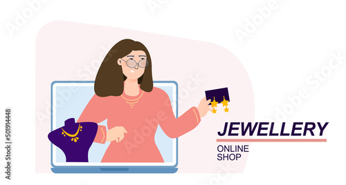 Jewelry shop vector illustration concept. Store owner in open laptop with earrings in hand. Small local business online. Template for website banner, advertising campaign