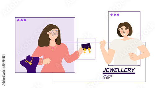 Jewelry shop vector illustration concept. Goldsmith giving earrings to a customer. Small local business online. Template for website banner, advertising campaign
