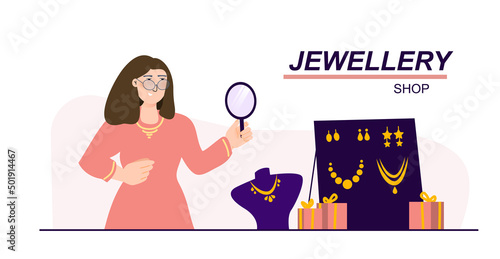 Jewelry shop vector illustration concept. Goldsmith in the store with gold earrings and necklaces. Small local business online. Template for website banner, advertising campaign