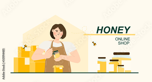 Honey shop vector illustration concept. Beekeeper with small jars with honey and shipment boxes. Small local business online. Template for website banner, advertising campaign