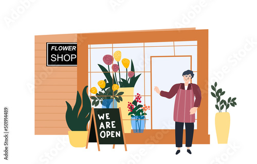 Flower shop vector illustration concept. Florist next to open shop with fresh flowers. Small local business. Template for website banner, advertising campaign