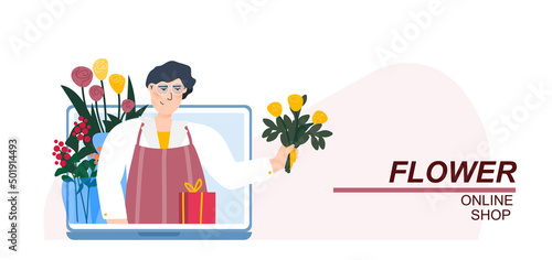 Flower shop vector illustration concept. Florist in open laptop with bouquet in hand. Small local business online. Template for website banner, advertising campaign