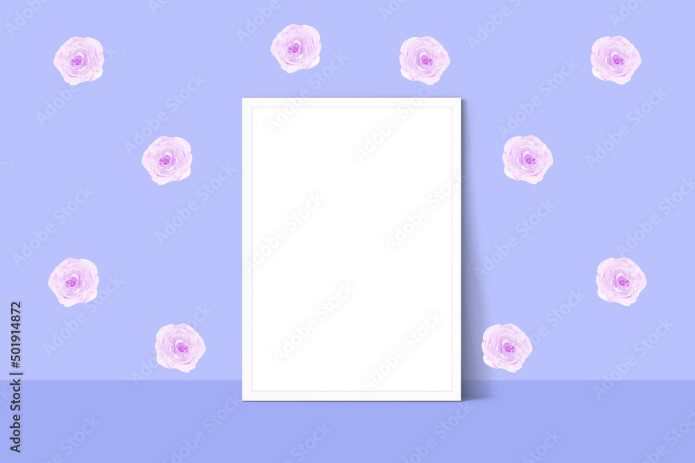 white frame mockup A4 on purple background, 3D rendering