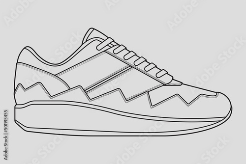 Shoes sneaker outline drawing vector, Sneakers drawn in a sketch style, black line sneaker trainers template outline, vector Illustration.
