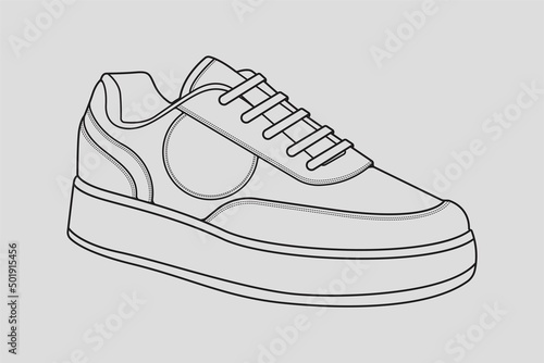 Shoes sneaker outline drawing vector, Sneakers drawn in a sketch style, black line sneaker trainers template outline, vector Illustration.
