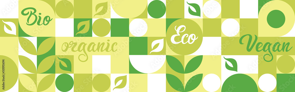 Bio label for ecological social projects, seamless pattern for eco packaging with green flowers. Natural style banner, mosaic of geometric white shapes, organic background for vegans.