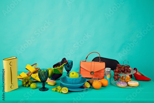 Still life fashion food sweets fruit cake shoes sneakers bags set