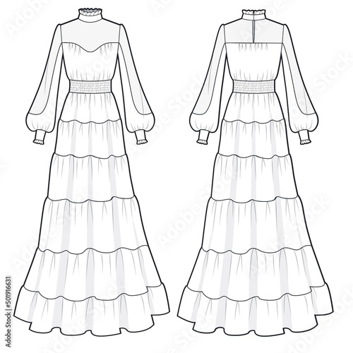 Woman long-sleeve Dress fashion flat technical drawing template. Vintage tiered Evening maxi Dress fashion flat design front and back, white.