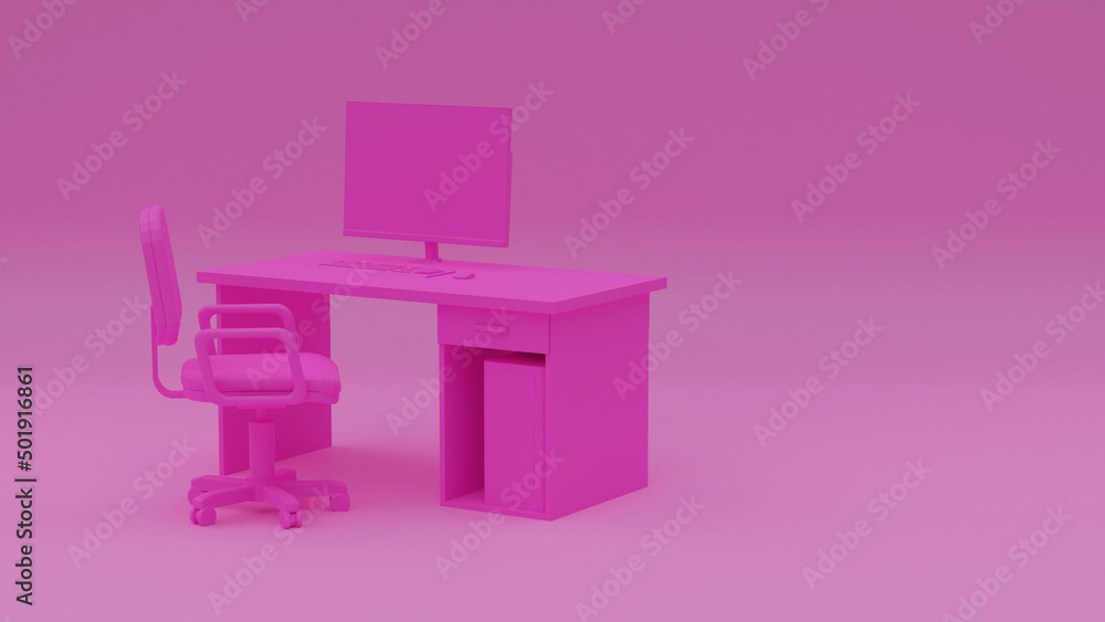 3d rendering illustration, of a pc, pink desk and chair, 3d rendering 3d rendering illustration, of a pc, pink desk and chair, 3d rendering
