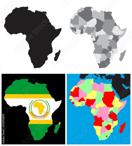 Africa maps set vector drawing illustration collection silhouette african union flag political and administrative countries map on isolated background detailed border line for geography atlas science 