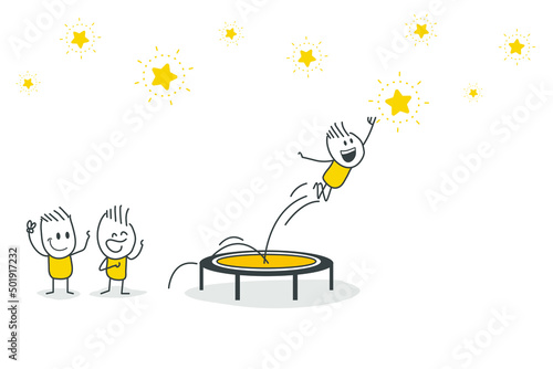 Stick figures. The businessman is trying to reach the star by jumping from the trampoline. Success concept. Achievement, advancement or career advancement.