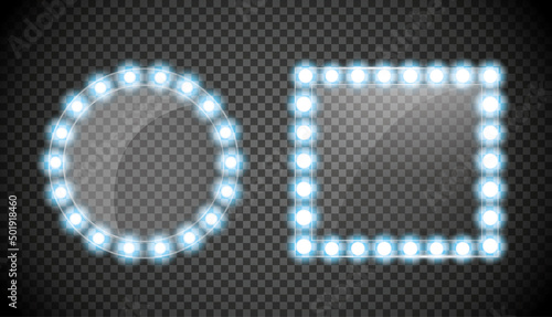 Makeup mirror isolated with blue lights. Vector square and round frames illustration