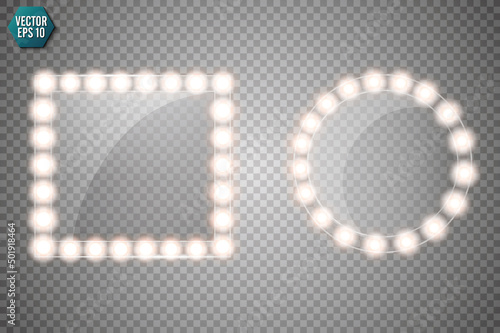 Makeup mirror isolated with gold lights. Vector square and round frames illustration