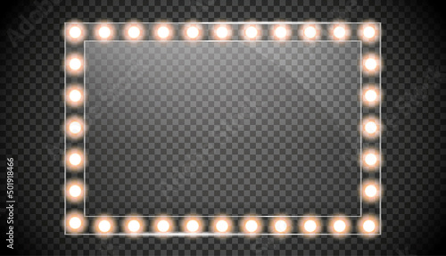Makeup mirror isolated with gold lights. Vector square frames illustration