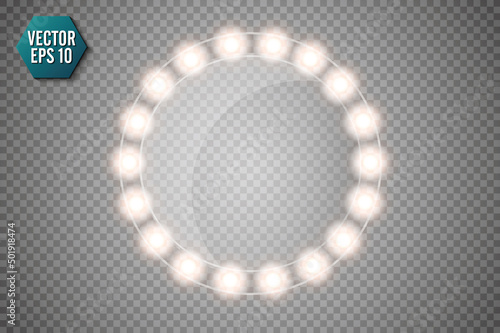 Makeup mirror isolated with gold lights. Vector round frames illustration