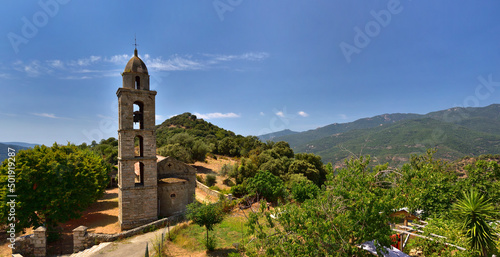 SANTA MARIA, CORSICA, FRANCE; August 10, 2020: Church of Santa Maria Figaniedda located in Santa Maria - small mountain village belongs to the parish of Viggiano. South of Corsica. France