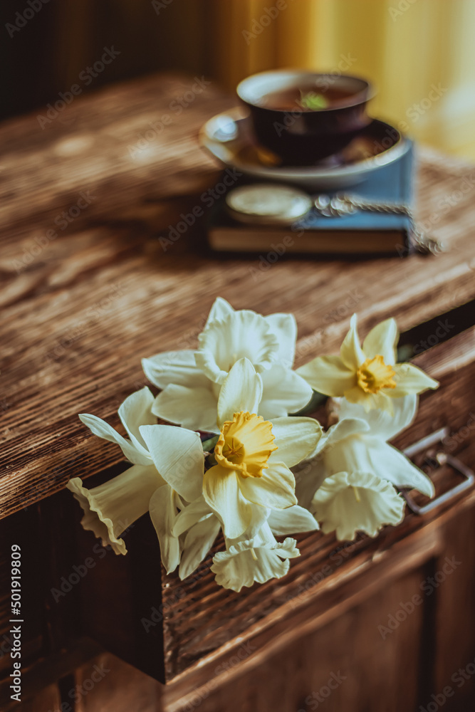 Fototapeta premium Retro composition of daffodils. Still life.