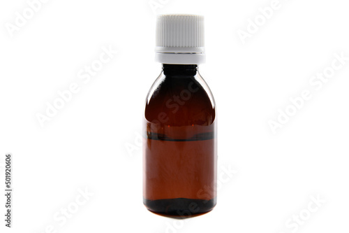 Brown glass medical jar with white lid isolated on white.
