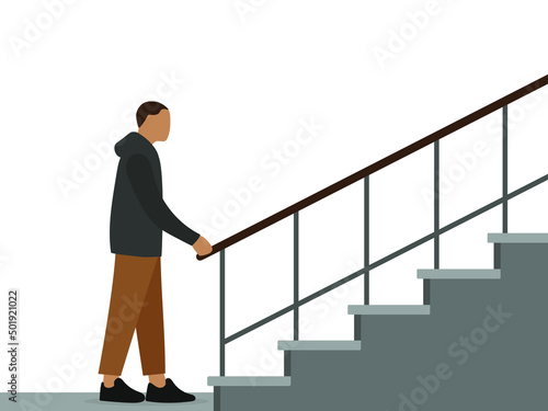 Male character stands near the stairs and holds the railing with his hand on a white background