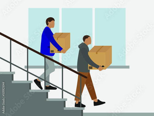 Two male characters with cardboard boxes in their hands go down the stairs