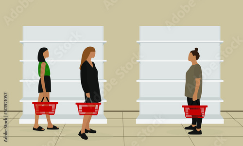 Three female characters with empty grocery baskets in their hands stand near the empty shelves
