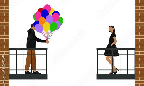 A male character with a bunch of balloons and a female character in an elegant dress stand on opposite balconies on a white background