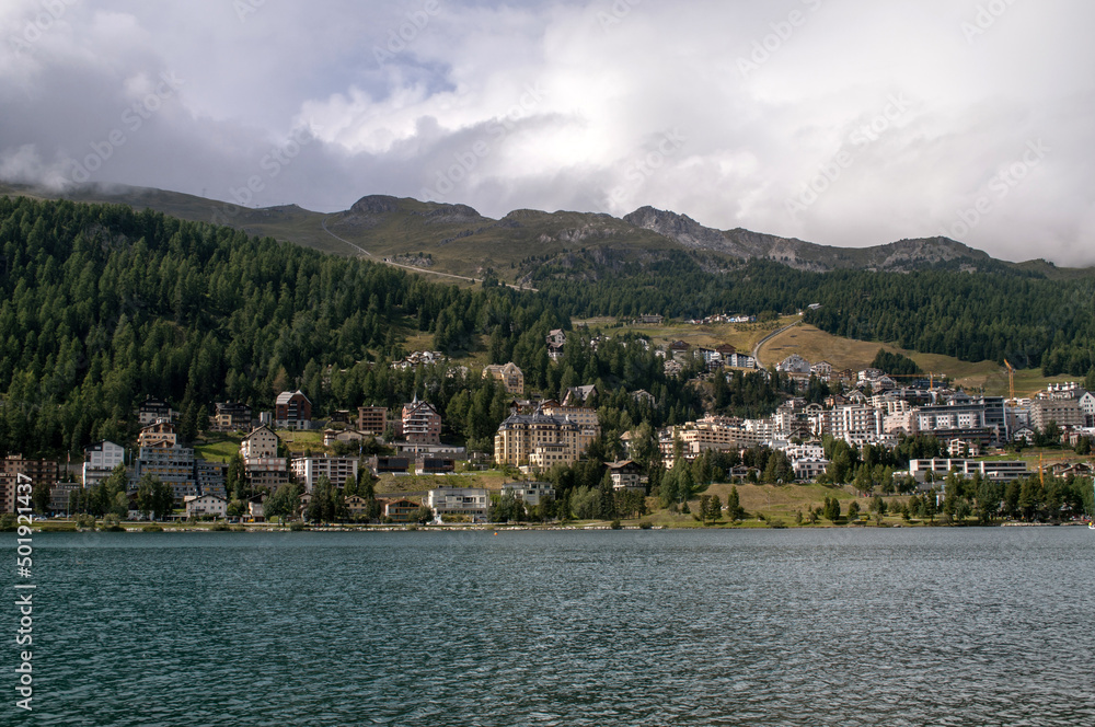 Lake in St. Moritz in Switzerland surrounded by mountains