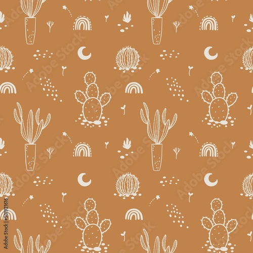 Vector boho cactus seamless pattern. Plants in a flower pot and succulents. Warm color illustration.