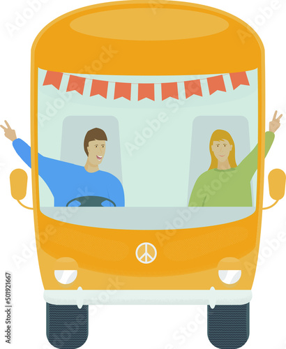 Camping van with a couple on holiday.  Bus with cheerful people showing victory sign. Vector illustration