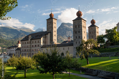 Brig Castle, Switzerland - old stone castle with towers in the mountains Fototapeta
