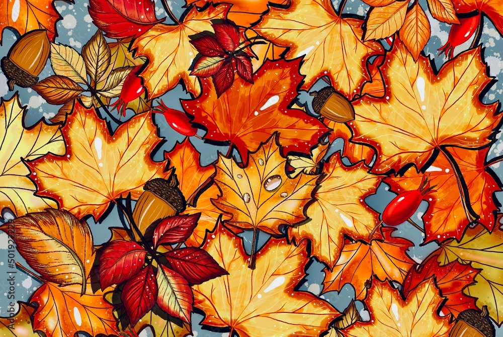 Fototapeta premium Autumn leaves background in red and yellow color, pattern, seamless texture. Hand drawn, autumn leaves illustration