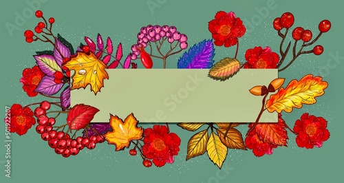Autumn banner composition of autumn leaves, berries, fruits, hand drawn, copy space