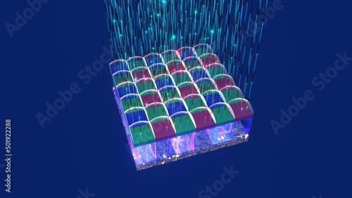 Back-illuminated sensor principle demonstration, microlences, photodiodes, colour bayer filters 6x6, metal wiring. With rays of light from top. 3D rendering