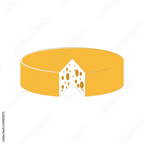 Yellow cheese wheel with a cut square piece vector illustration. 