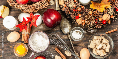 Autumn baking concept. Kitchen utensil, set of ingredients, seasonal decor