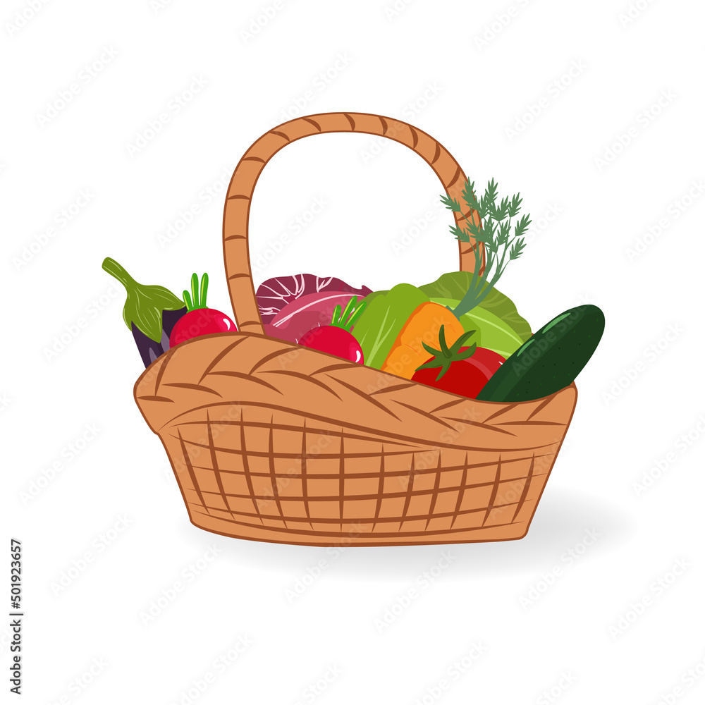 Basket with vegetables isolated on white.. Healthy vegetables and vegetarian food banners.
