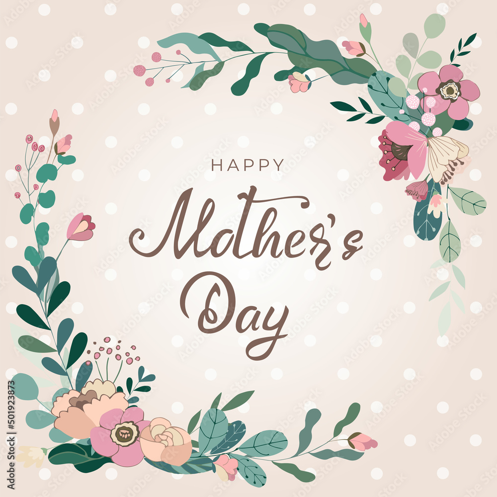 Mother's day greeting card with hand drawn text lettering, hand drawn floral elements: flowers, branch, green leaves, berries on white background. Frame for poster, Valentines. Vector illustration. Mother's day greeting card with hand drawn text lettering, hand drawn floral elements: flowers, branch, green leaves, berries on white background. Frame for poster, Valentines. Vector illustration.