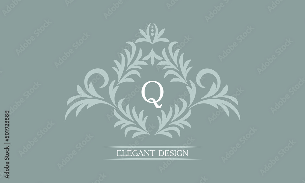 Obraz premium Elegant floral monogram design template for letters Q. Calligraphic elegant ornament. Business sign, identity monogram for restaurant, boutique, hotel, heraldic, jewelry.