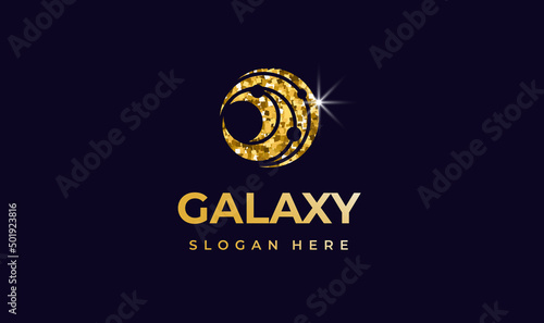 Galaxy golden glitter Logo creative modern concept design premium. Orbits planets in round icon for logo IT, concept design from space exploration, astrology. Vector illustration
