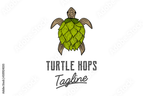 Vintage Retro Turtle Tortoise with Hop Flower for Craft Beer Brewing Brewery Logo Design Vector