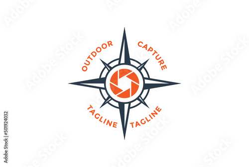 Vintage Aperture Camera Vision with Arrow Compass for Outdoor Travel Adventure Logo Design