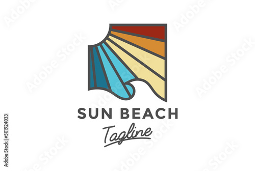 Colorful Sun with Ocean Beach for Travel Yacht Logo Design