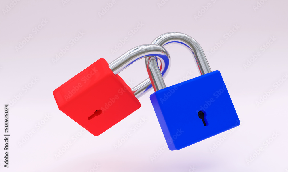 3d illustration, two padlocks one red and one blue, white background, 3d rendering 3d illustration, two padlocks one red and one blue, white background, 3d rendering