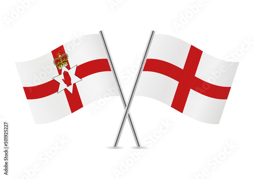 Northern Ireland and England crossed flags. Flag of Northern Ireland on white background. English flag. Vector icon set. Vector illustration. 
