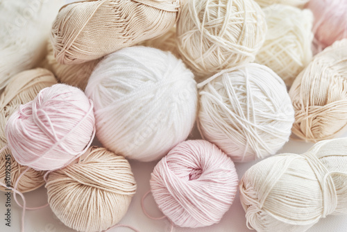 Skeins of yarn, knitting needles, accessories for knitting. Handmade, hobby