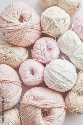 Skeins of yarn, knitting needles, accessories for knitting. Handmade, hobby
