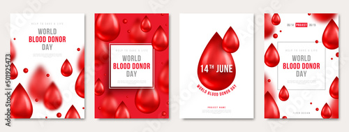 World donor day set of posters or cards, hospital charity medical design with 3d red drops. Vector illustration. Place for text. Blood Donate save life, leukemia flyer, anemia banner concept